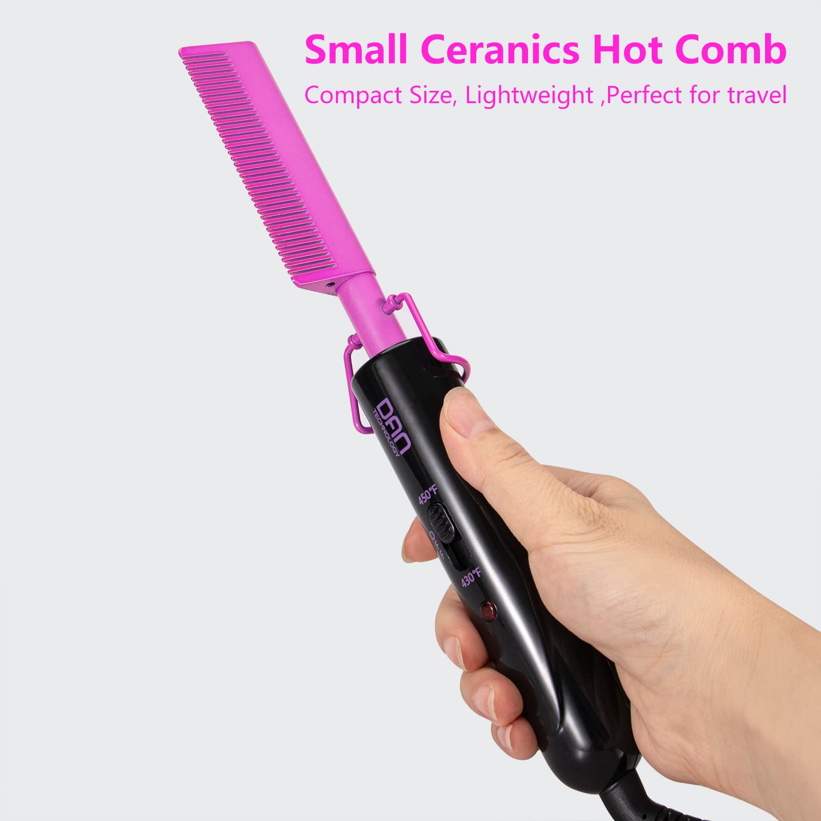 DAN Technology Dual Voltage Ceramic Pressing Comb - 450°F Fast Heating Mini Straightener for Lace Front Wigs and Black Women's Hair