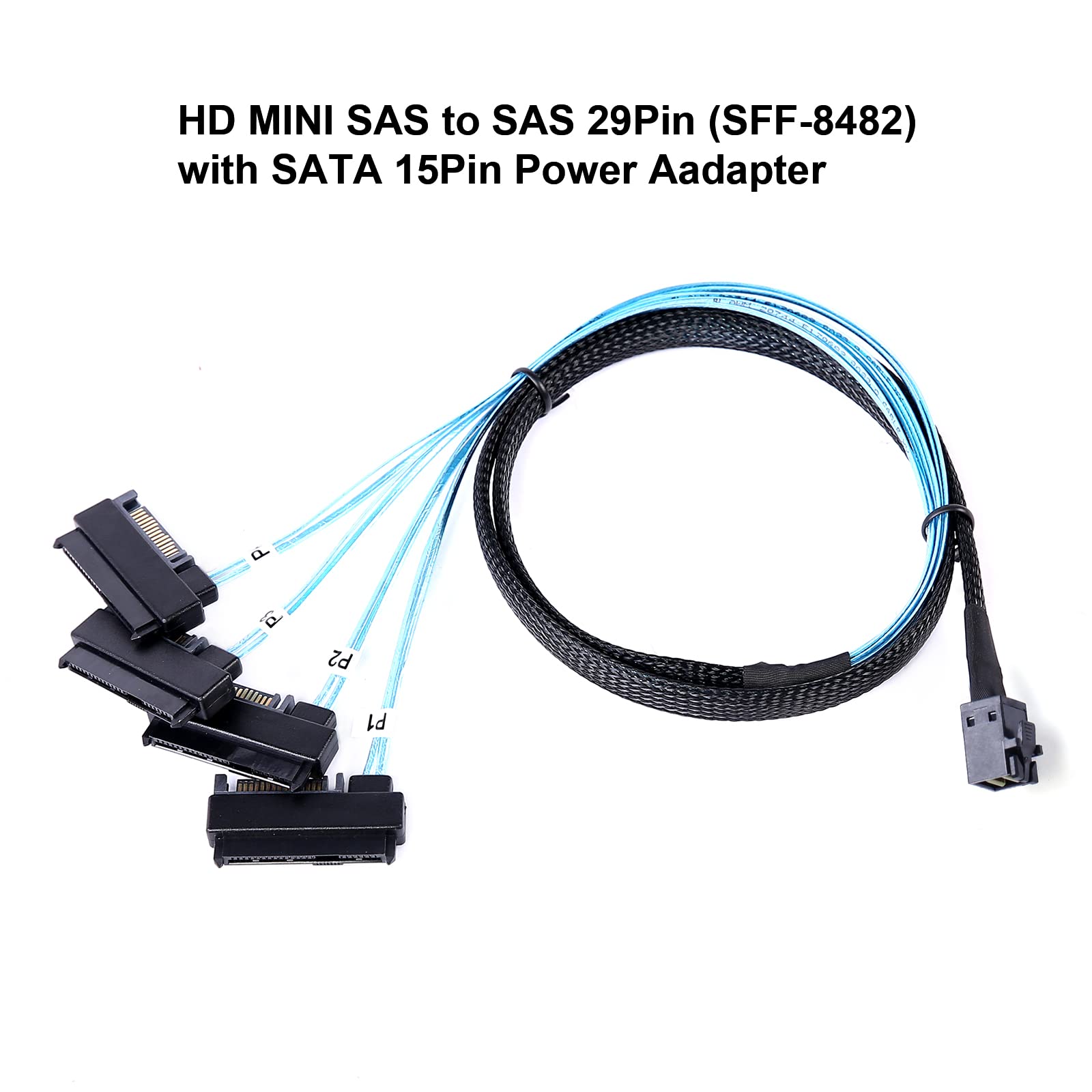 ADCAUDX Mini-SAS to SAS-Cable: 0.5M SFF-8643 to SAS SFF-8643 to SFF-8482 Connector 4X SAS SFF-8482 with SATA Power Adapter Cable (1.6FT)