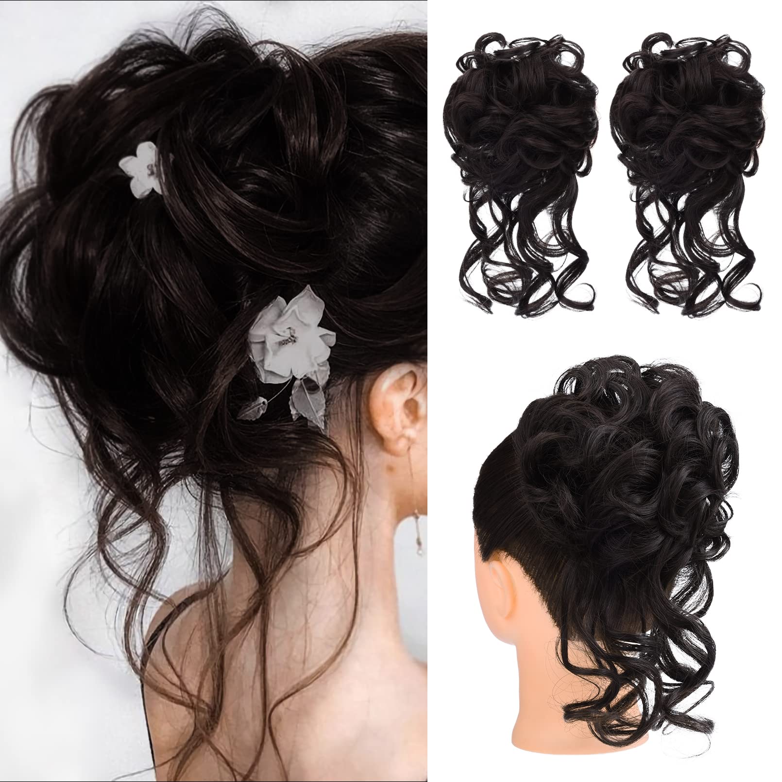 HOOJIH Messy Bun Hair Piece, 2PCS Tousled Updo with Tendrils Hair Bun Extensions Wavy Curly Hair Wrap Ponytail Hairpieces Thick Hair Scrunchies for Women HB010 Dasiy - Black Brown