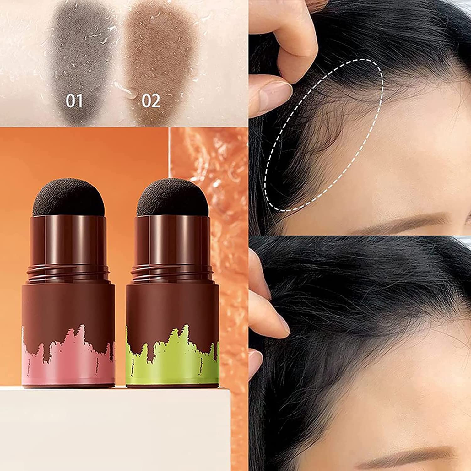 2PCS Hair Shadow Powder Stick, Waterproof Root Touch Up and Shading Sponge Pen for Covering Gray Hair, Thin Hair Areas (Black)