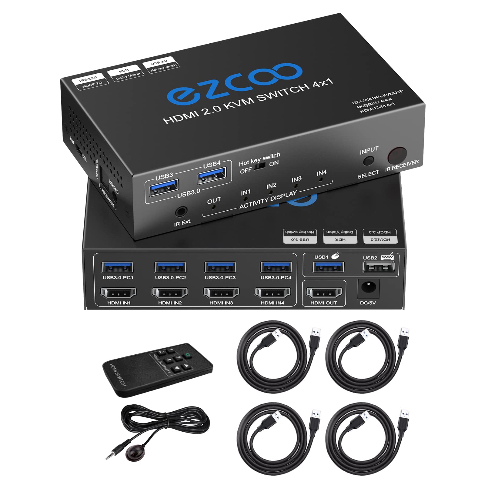 USB 3.0 KVM Switch HDMI 4 Computer 1 Monitor 4K 60Hz SPDIF L/R Hotkey - Share one Set of Keyboard Mouse Printer,1080p 120Hz 144Hz HDCP Bypass,4X USB3.0 Cable,IR Remote Ext. Windows Mac 41KVMP