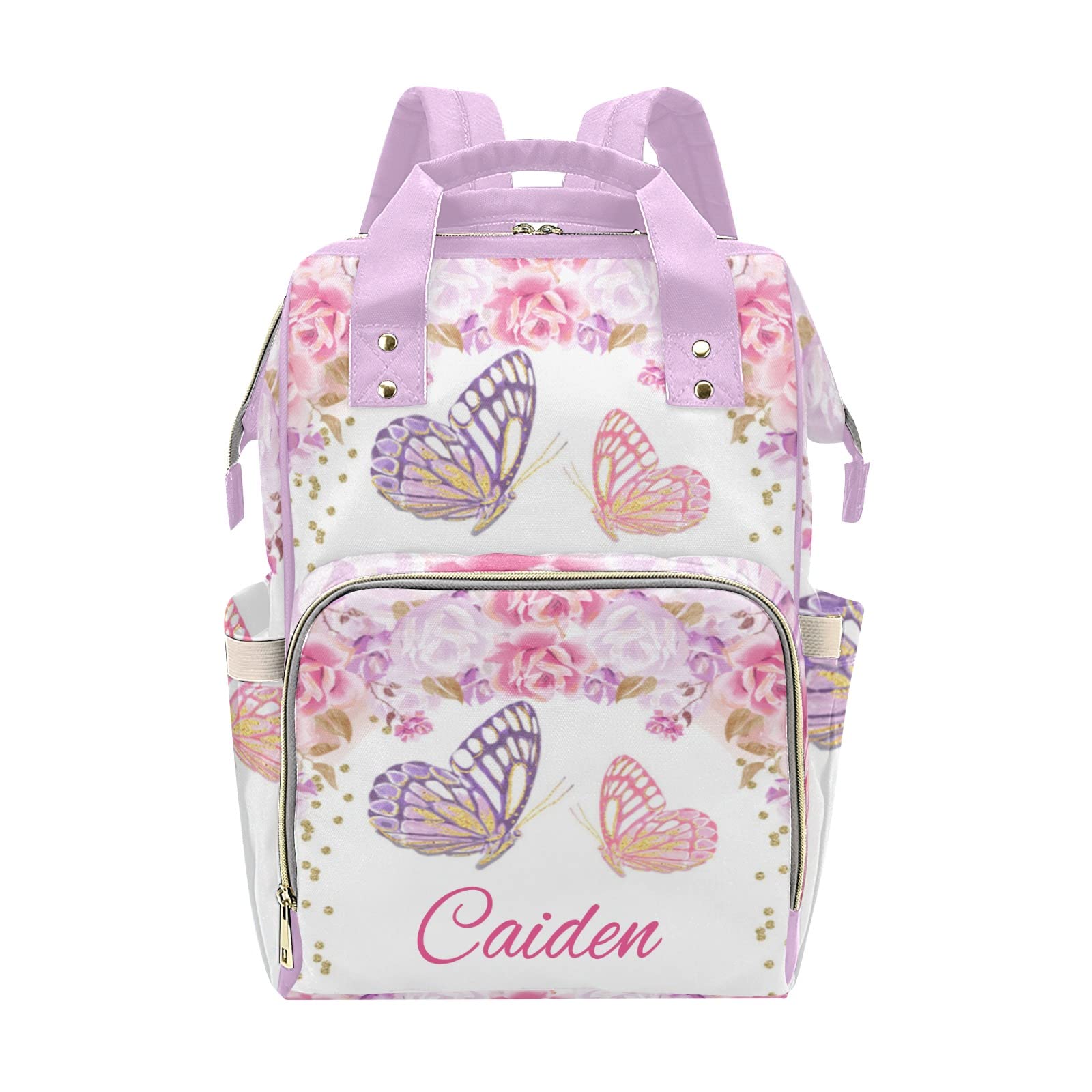 Butterfly Pink Purple Floral Personalized Diaper Backpack with Name,Custom Travel DayPack for Nappy Mommy Nursing Baby Bag One Size