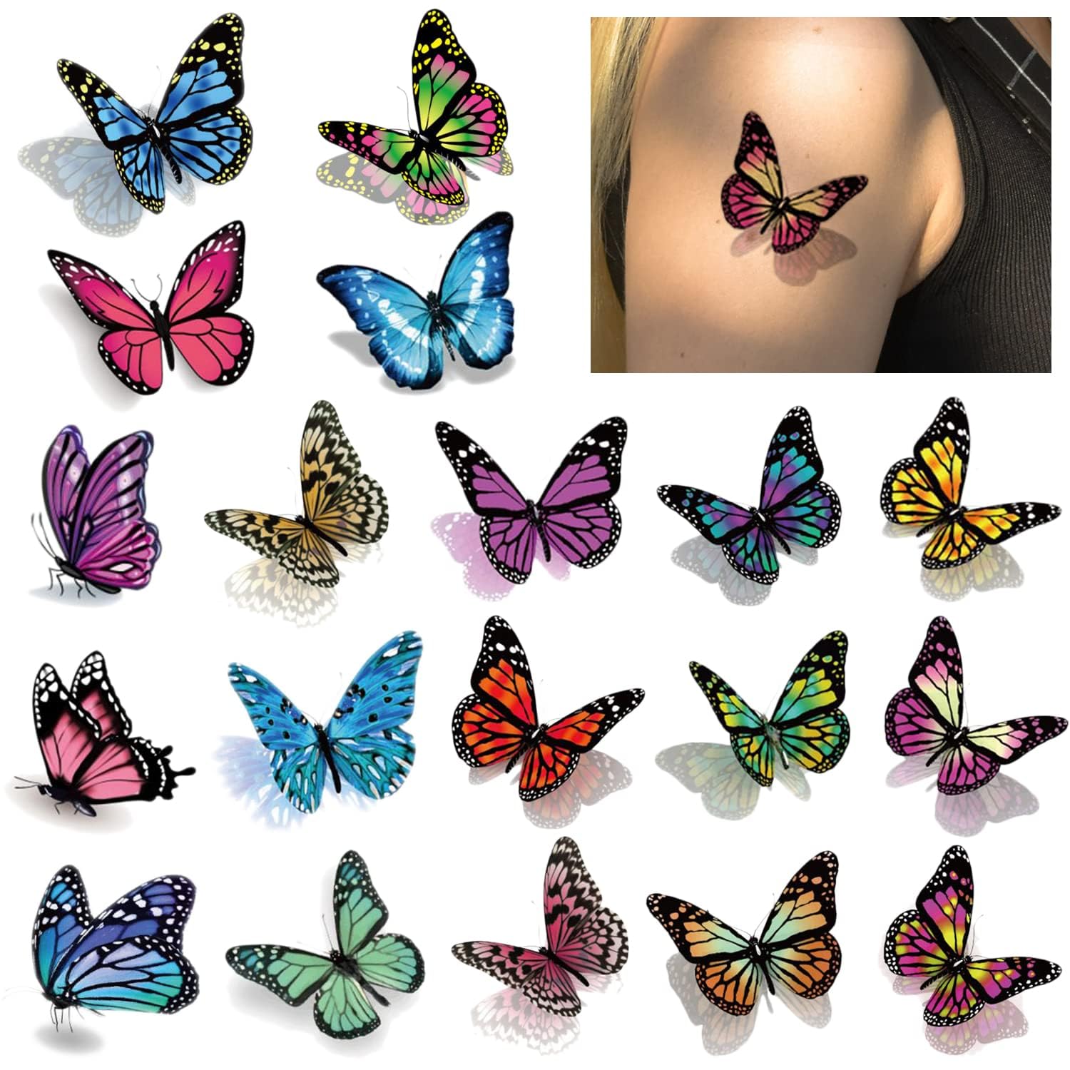 Cerlaza 3D Butterfly Tattoos Temporary, 120 Styles Butterfly Tattoos Stickers for Women and Girls, Realistic Semi Permanent Fake Tattoos for Adults, Butterfly Party Decorations