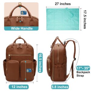 MOMINSIDE Diaper Bag Backpack with 18 Pockets, Leather Baby Bag for Mom Dad, Travel Baby Bag for Girl Boy, Large Wet Pocket, 4 Insulated Pockets, Stroller Straps, Brown