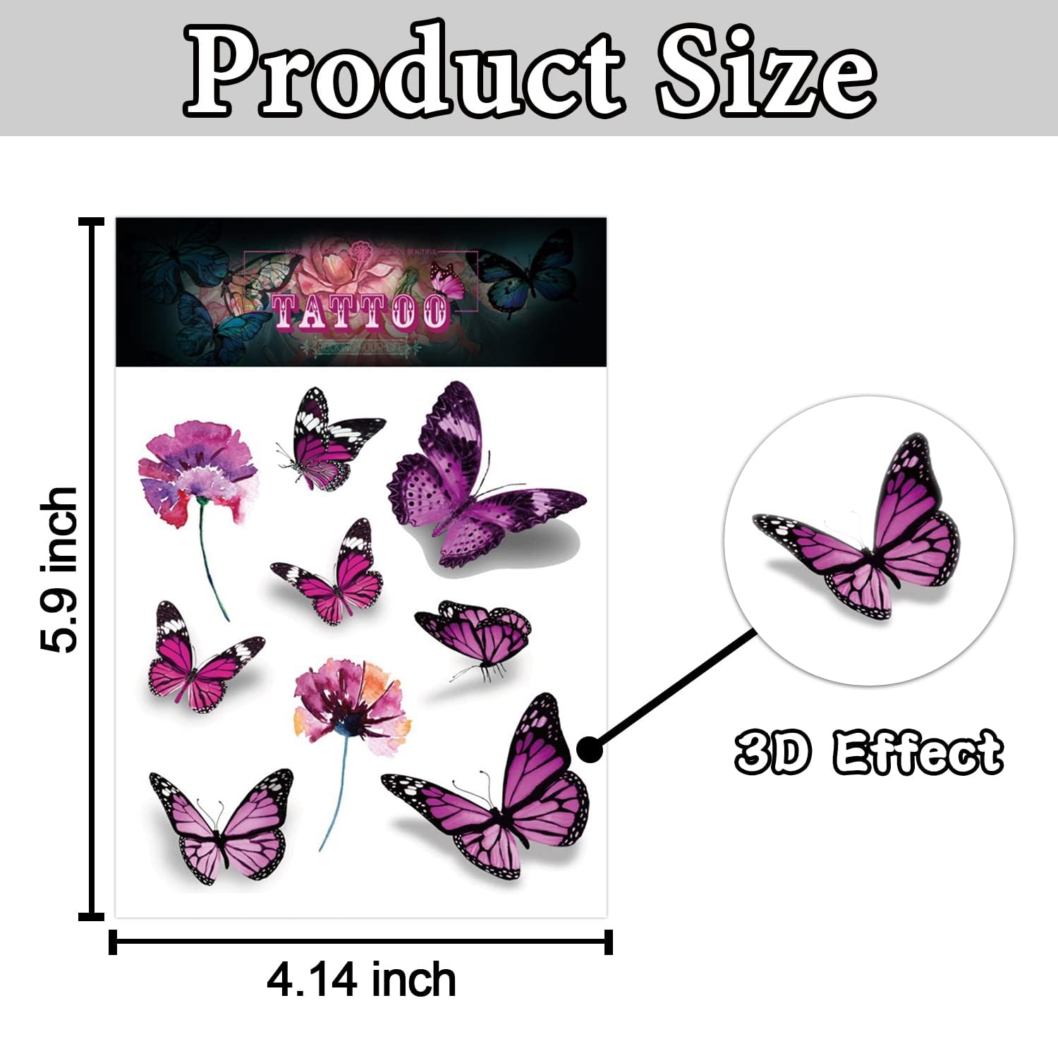 Cerlaza 3D Butterfly Tattoos Temporary, 120 Styles Butterfly Tattoos Stickers for Women and Girls, Realistic Semi Permanent Fake Tattoos for Adults, Butterfly Party Decorations