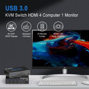 USB 3.0 KVM Switch HDMI 4 Computer 1 Monitor 4K 60Hz SPDIF L/R Hotkey - Share one Set of Keyboard Mouse Printer,1080p 120Hz 144Hz HDCP Bypass,4X USB3.0 Cable,IR Remote Ext. Windows Mac 41KVMP