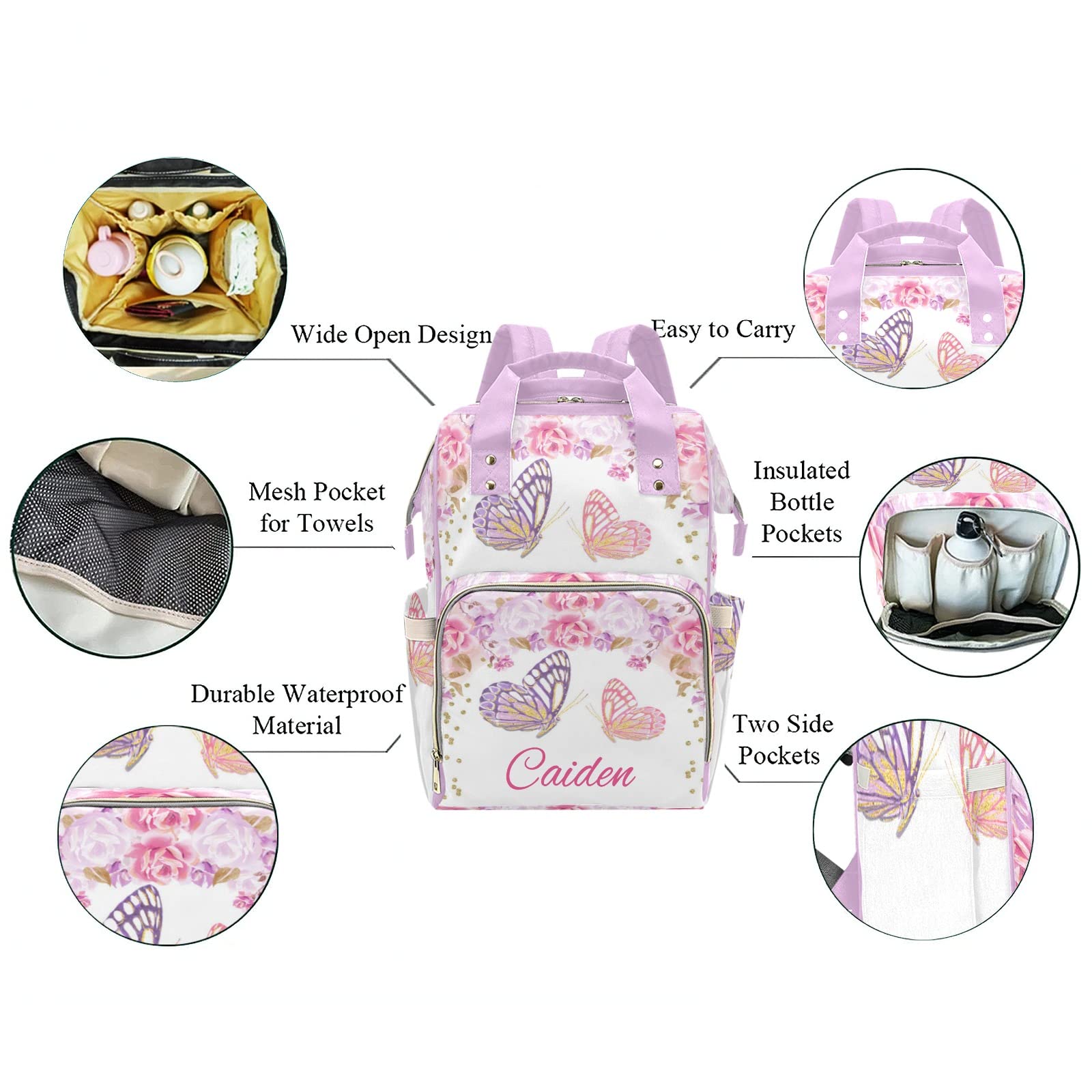 Butterfly Pink Purple Floral Personalized Diaper Backpack with Name,Custom Travel DayPack for Nappy Mommy Nursing Baby Bag One Size