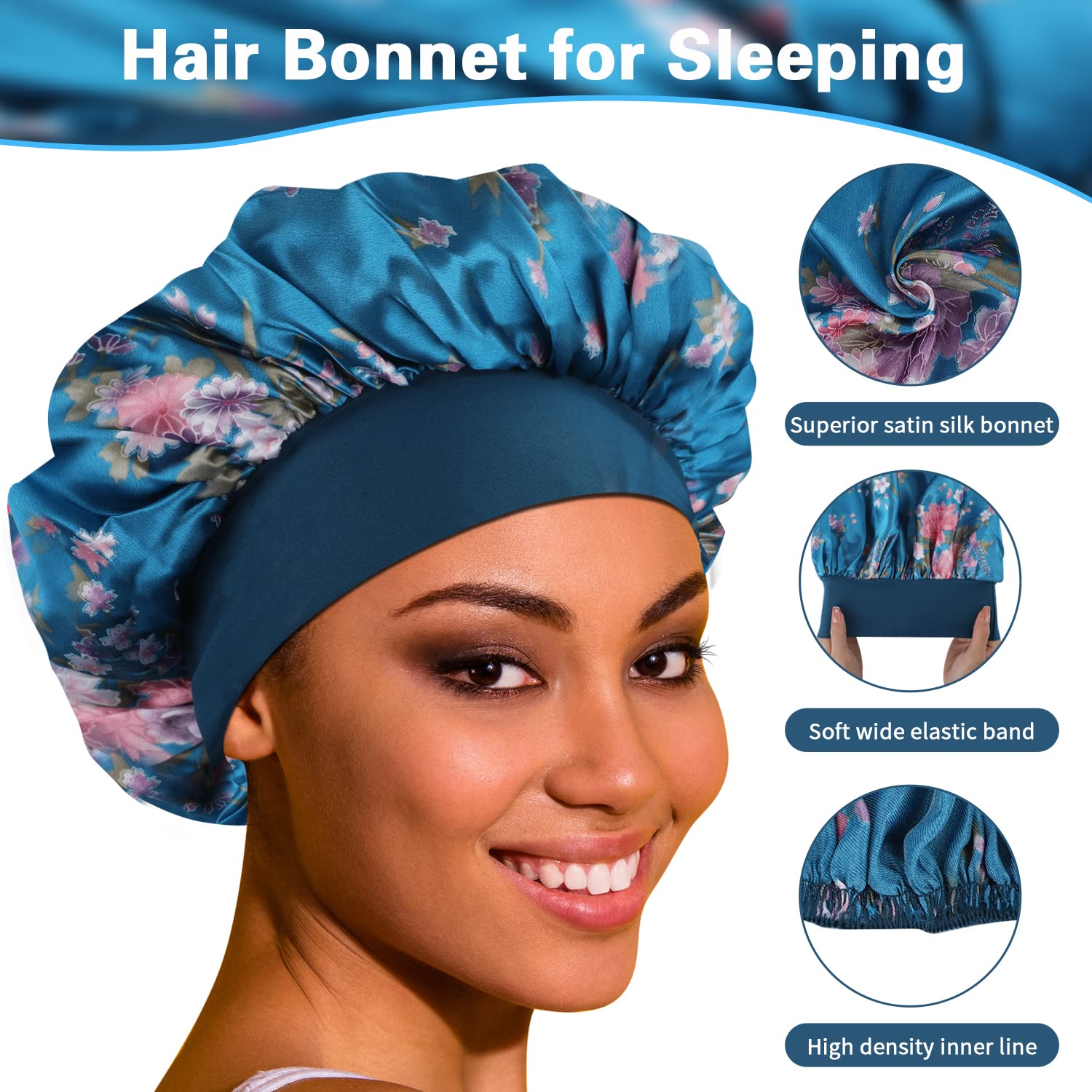 ROYBENS Satin Bonnet Hair Bonnet for Sleeping- 4 Pack Large Bonnets for Black Women with Elastic Soft Band for Hair Care