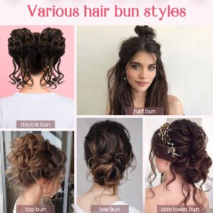 HOOJIH Messy Bun Hair Piece, 2PCS Tousled Updo with Tendrils Hair Bun Extensions Wavy Curly Hair Wrap Ponytail Hairpieces Thick Hair Scrunchies for Women HB010 Dasiy - Black Brown