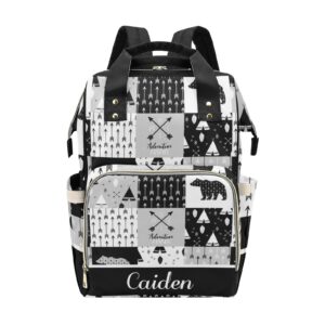 forest bear black white personalized diaper backpack with name,custom travel daypack for nappy mommy nursing baby bag one size