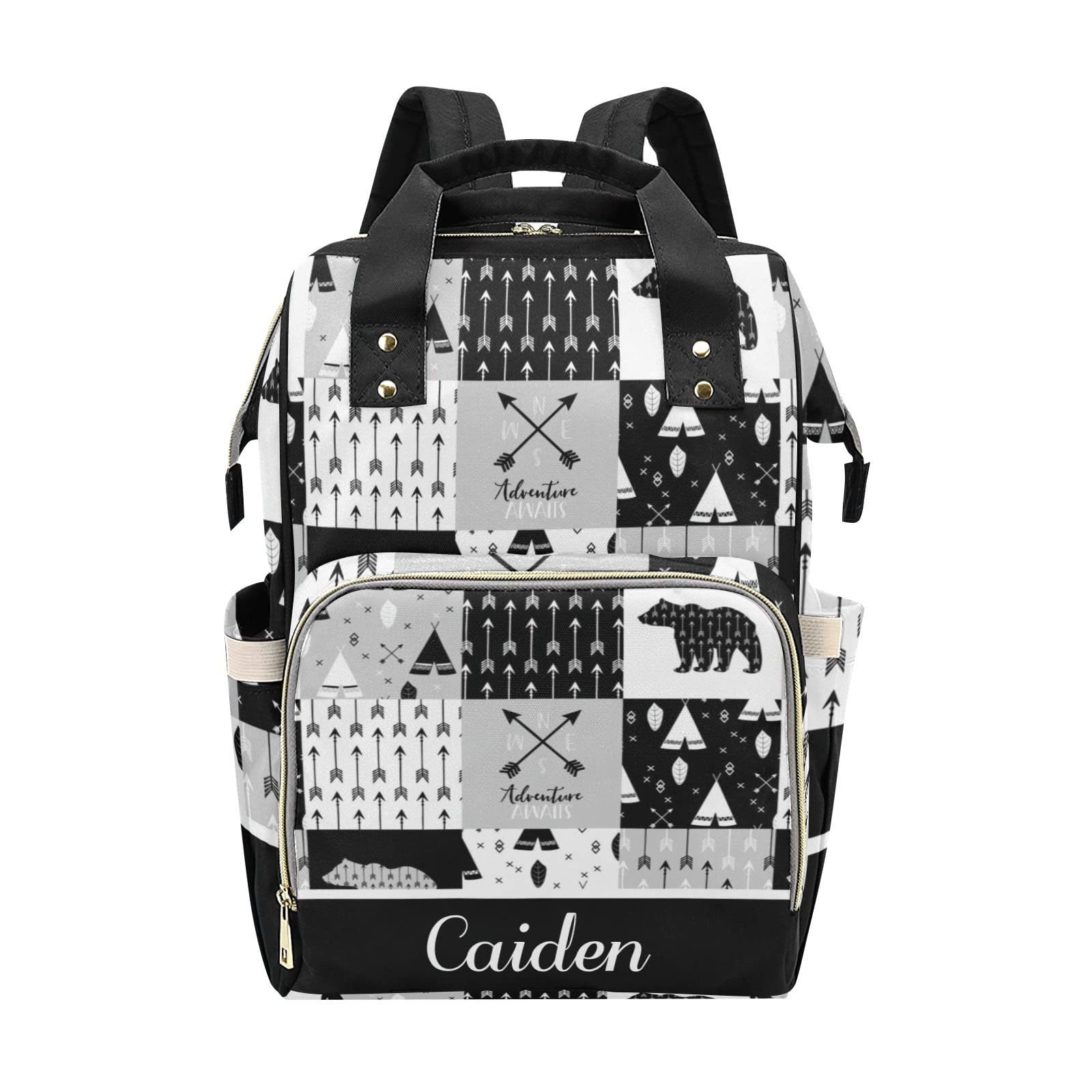 Forest Bear Black White Personalized Diaper Backpack with Name,Custom Travel DayPack for Nappy Mommy Nursing Baby Bag One Size