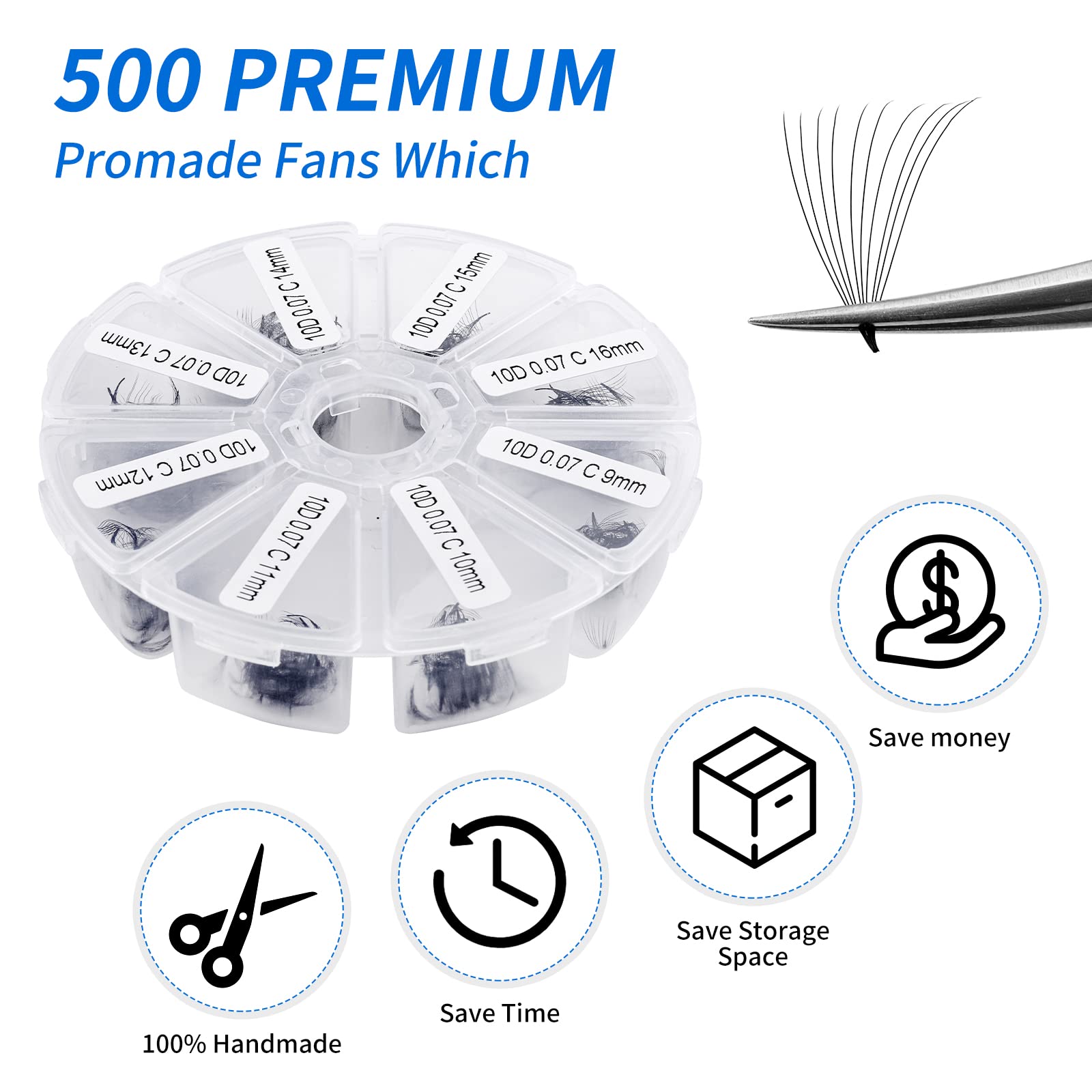 Premade Fans Eyelash Extension 500 Fans Handmade Loose Volume Lashes Mutiple Options 10D Pre-made Fans 0.07mm Thickness C/D Curl 9-16mm/13-20mm Volume Eyelash Extensions by WENDYLASHES