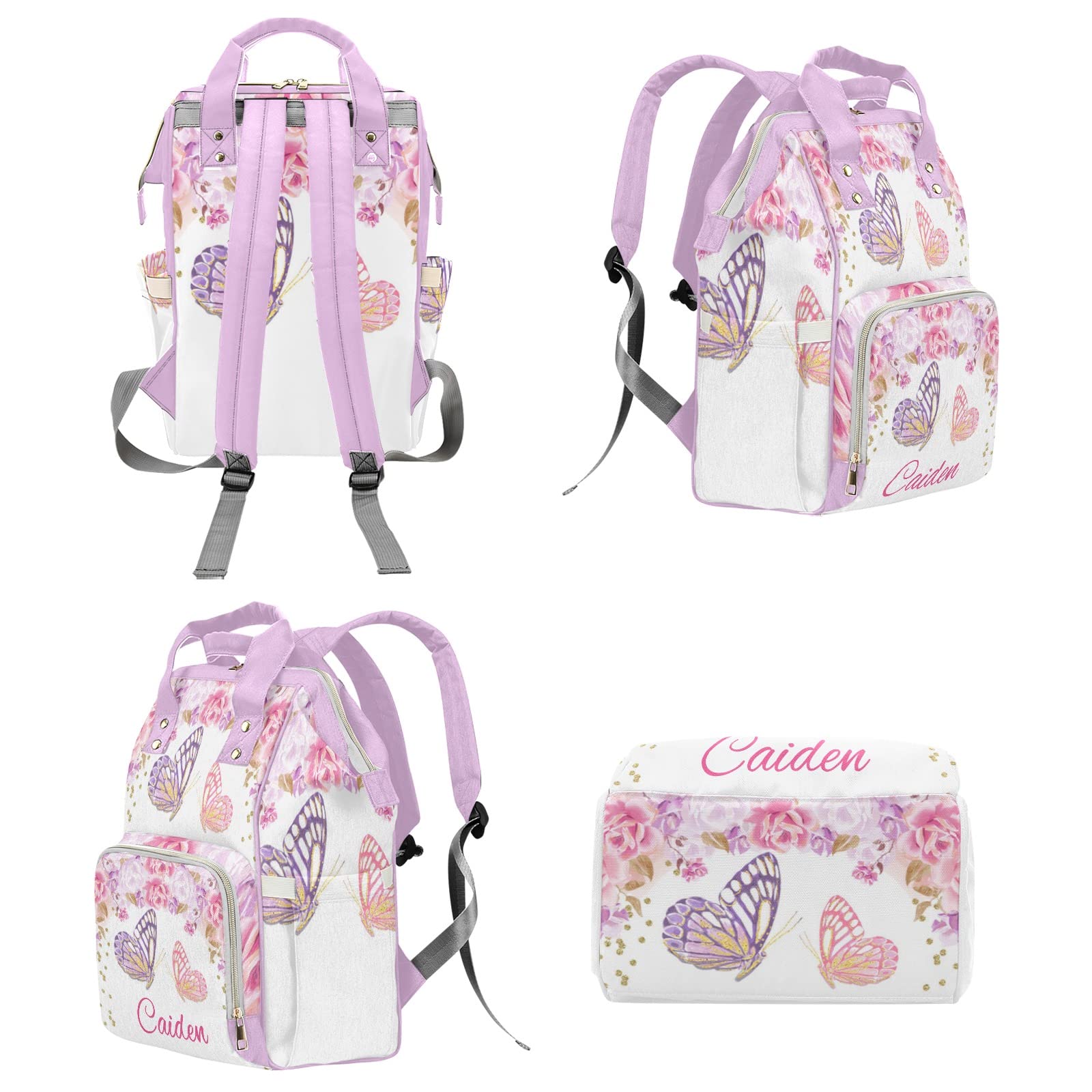 Butterfly Pink Purple Floral Personalized Diaper Backpack with Name,Custom Travel DayPack for Nappy Mommy Nursing Baby Bag One Size