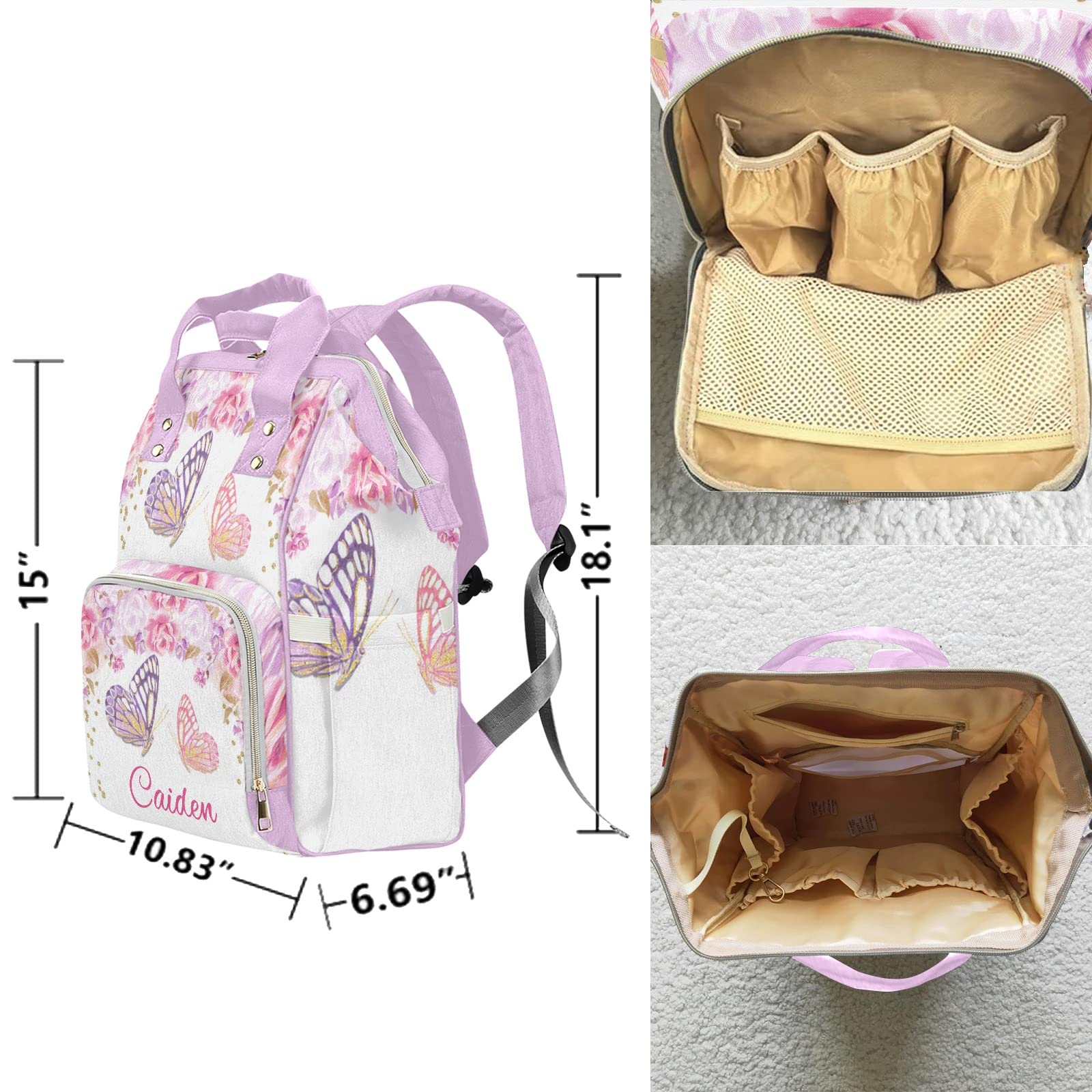 Butterfly Pink Purple Floral Personalized Diaper Backpack with Name,Custom Travel DayPack for Nappy Mommy Nursing Baby Bag One Size