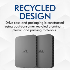 LaCie Mobile Drive Secure 2TB External Hard Drive Portable HDD - Space Grey, USB-C 3.2, for PC and Mac, Post-Consumer Recycled, with Adobe All Apps Plan and Rescue Services (STLR2000400)