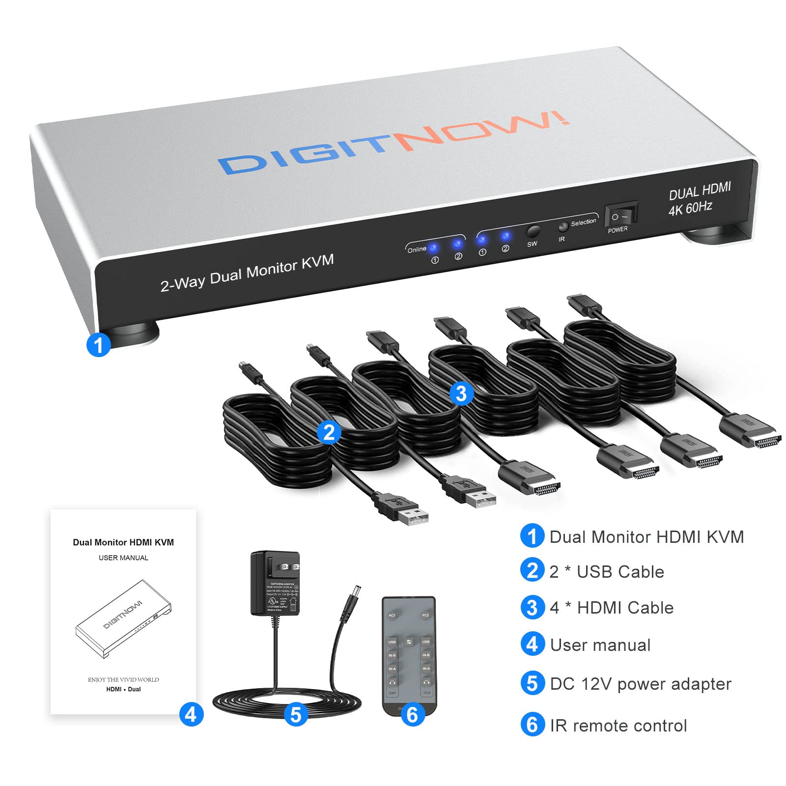 KVM Switch 2 Monitors 2 Computers, 4K@60Hz Dual Monitor KVM Switch HDMI 2 Port Extended Display, Audio & Microphone, EDID Emulators, Hotkey & Remote & Button Switch, with Input Cables