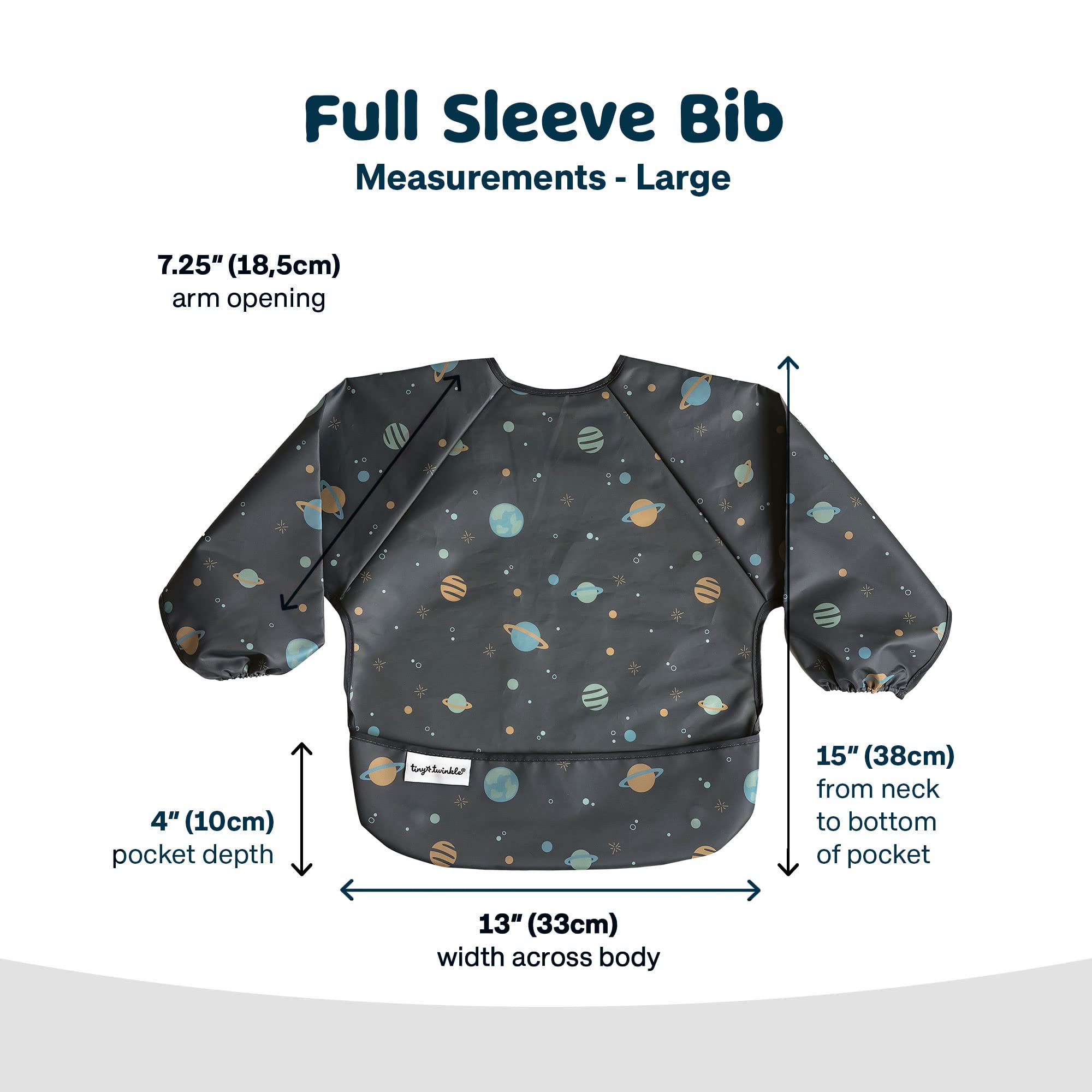 Tiny Twinkle Mess Proof Baby Bib, Cute Full Sleeve Bib Outfit, Waterproof Bibs for Toddlers, Machine Washable, Tug Proof Closure, Baby Smock for Eating, Long Sleeved (Space, Small 6-24 Months)