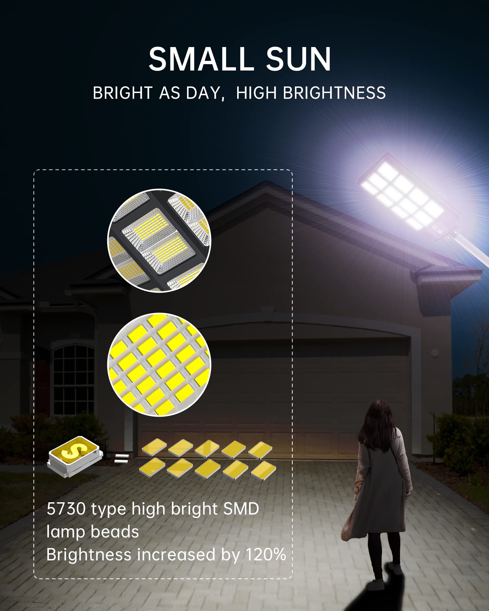 OKPRO S-1152B 1200W Solar Street Lights Outdoor Waterproof, 7000K 120000LM Dusk to Dawn, LED Wide Angle Lamp with Motion Sensor and Remote Control, for Parking Lot, Yard