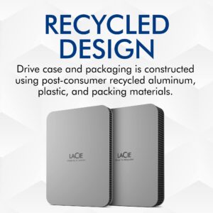 LaCie Mobile Drive, 2TB, External Hard Drive Portable - Moon Silver, USB-C 3.2, for PC and Mac, Post-Consumer Recycled, with Adobe All Apps Plan (STLP2000400)