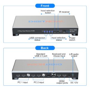 KVM Switch 2 Monitors 2 Computers, 4K@60Hz Dual Monitor KVM Switch HDMI 2 Port Extended Display, Audio & Microphone, EDID Emulators, Hotkey & Remote & Button Switch, with Input Cables