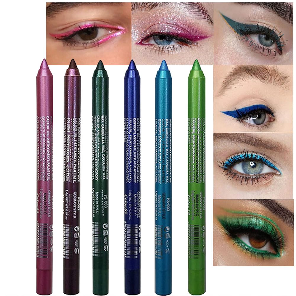 Amy's Diary 6Pcs Blue Colored Glitter Eyeliner Pencil Set, Dark Light Blue Green Purple Red Pink