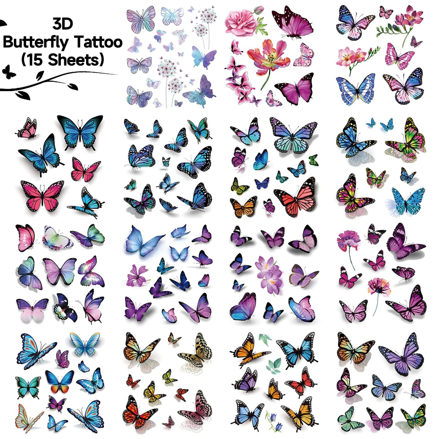 Cerlaza 3D Butterfly Tattoos Temporary, 120 Styles Butterfly Tattoos Stickers for Women and Girls, Realistic Semi Permanent Fake Tattoos for Adults, Butterfly Party Decorations