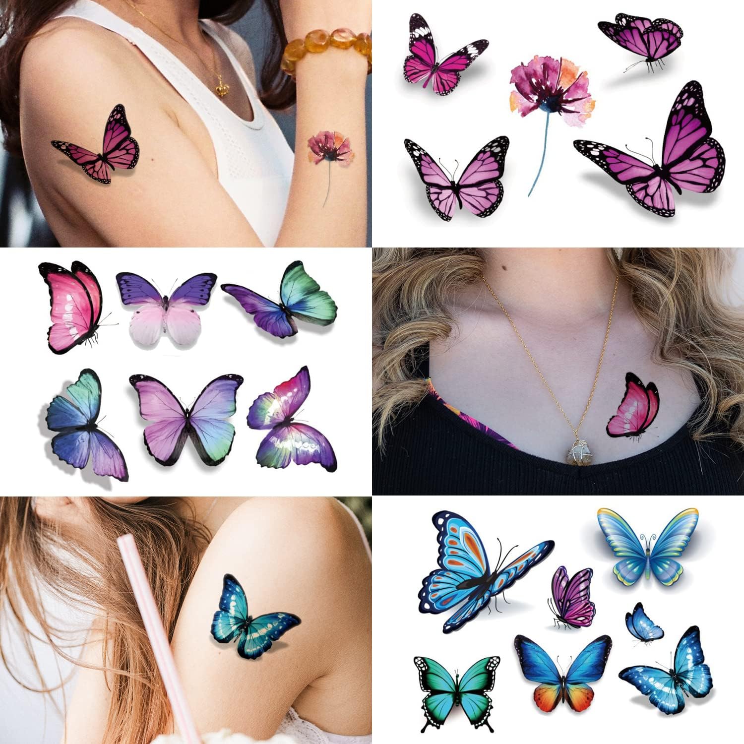 Cerlaza 3D Butterfly Tattoos Temporary, 120 Styles Butterfly Tattoos Stickers for Women and Girls, Realistic Semi Permanent Fake Tattoos for Adults, Butterfly Party Decorations