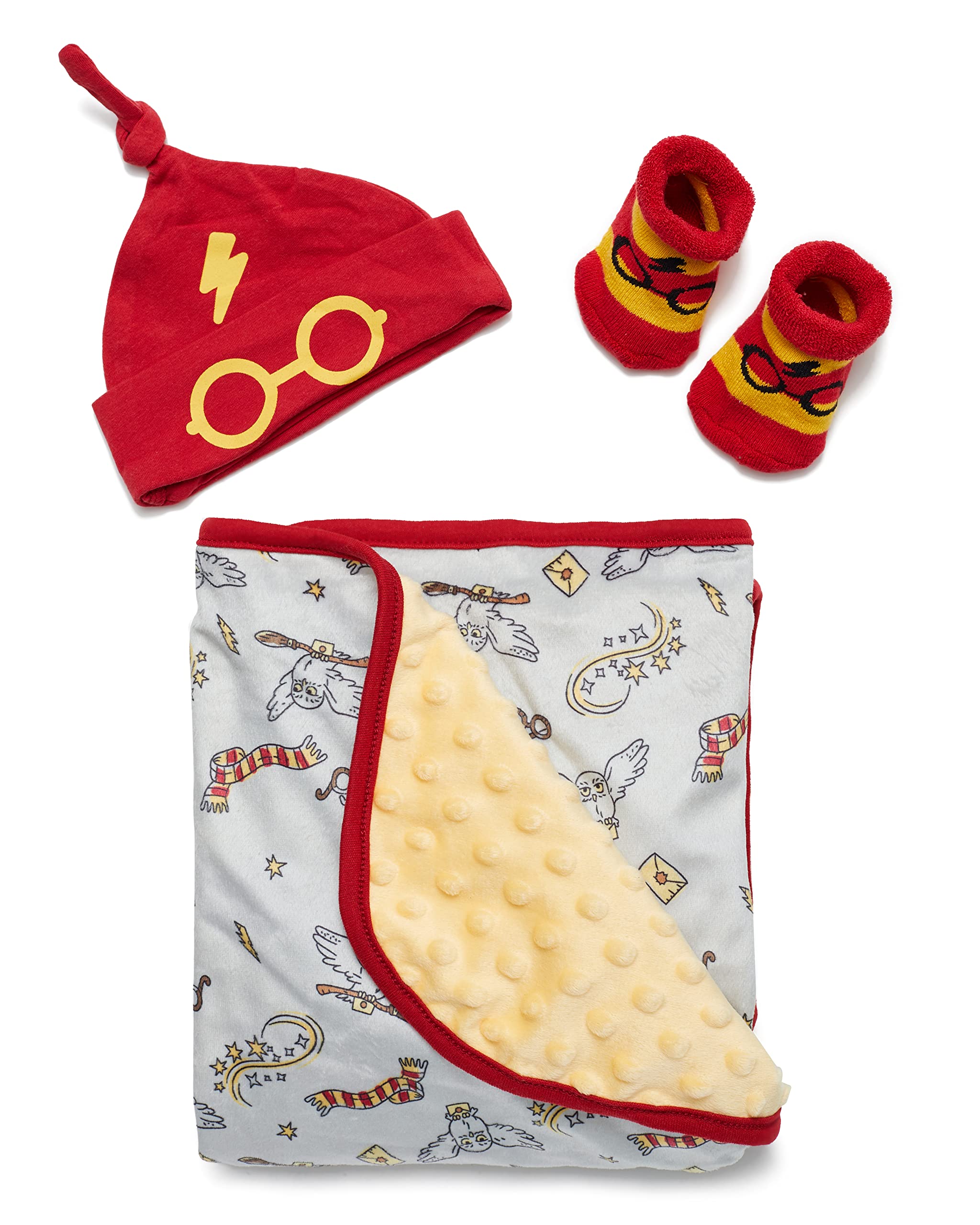 Harry Potter Baby Boys Blanket, Hat, and Socks Set Baby Plush Polar Fleece Blanket 35x35 Baby Gifts (Red/Yellow/Grey, 0-12 Months)