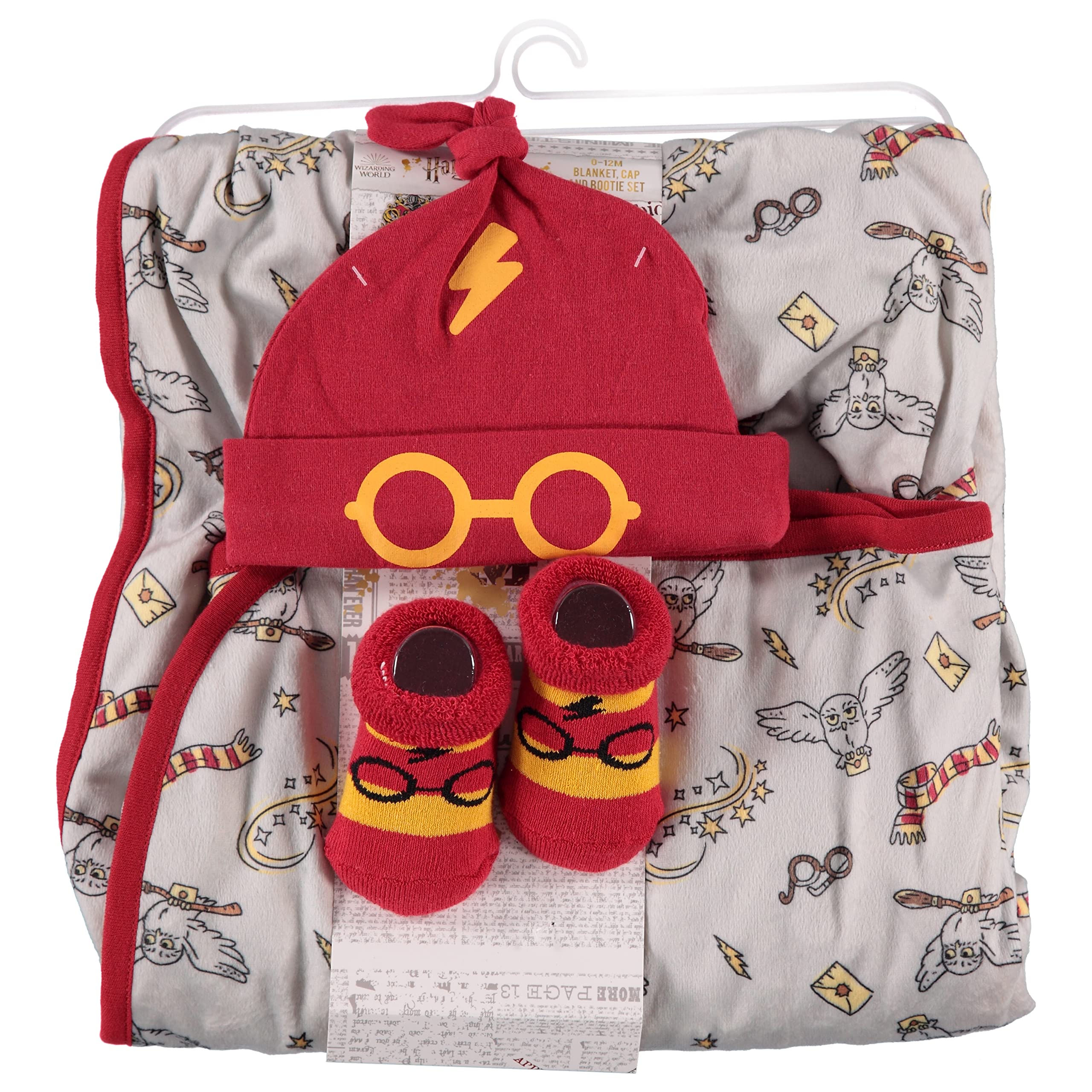 Harry Potter Baby Boys Blanket, Hat, and Socks Set Baby Plush Polar Fleece Blanket 35x35 Baby Gifts (Red/Yellow/Grey, 0-12 Months)