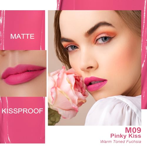 Oulac Matte Liquid Hot Pink Lipstick for Women, Long Lasting Lipstick Waterproof Lip Stain, No Transfer, Creamy High Pigmented Formula with Rose Oil, Vegan & Cruelty-Free, Pink M09