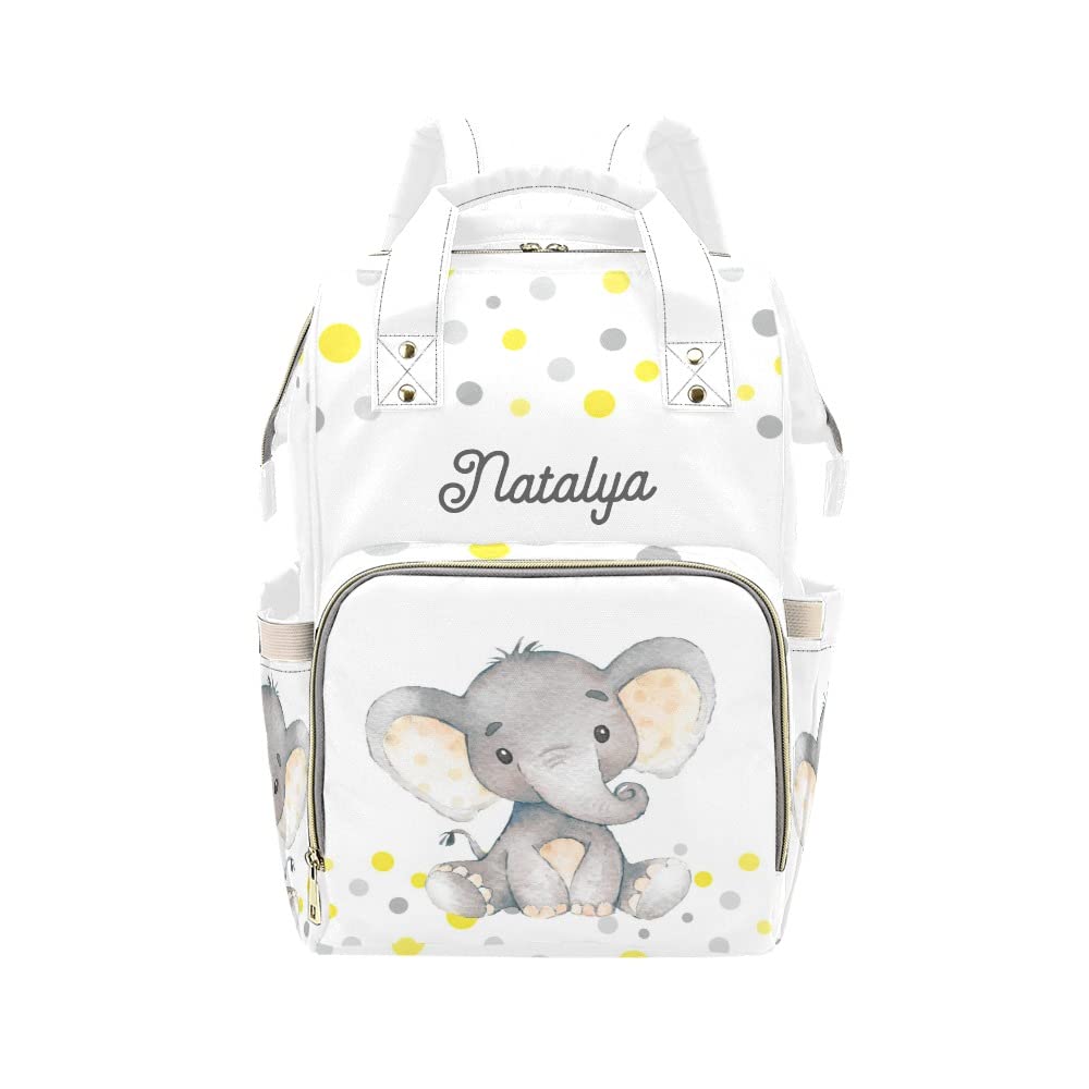 Liveweike Yellow Dot Elephant Grey Personalized Diaper Bag Backpack Custom Name Daypack Large Mommy Bag for Teen Girl Boy Student