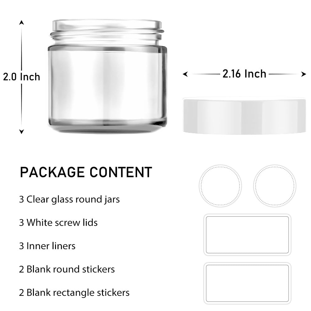 2 oz Glass Jars with Lids, Bumobum 3 pack Clear Small Jar with White Lids, Blank Labels & Inner Liners, 60 ml Empty Round Cosmetic Containers for Sample, Powder, Cream, Lotion, Spice