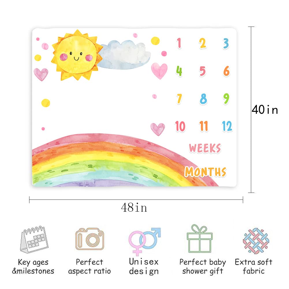 Cartoon Rainbow Baby Monthly Milestone Blanket, 48x40in Sun Cloud Heart Shape Colored Dots Blanket Hand Painted for Newborn Baby Shower,Baby Growth Chart Photography Blanket BTLSME96