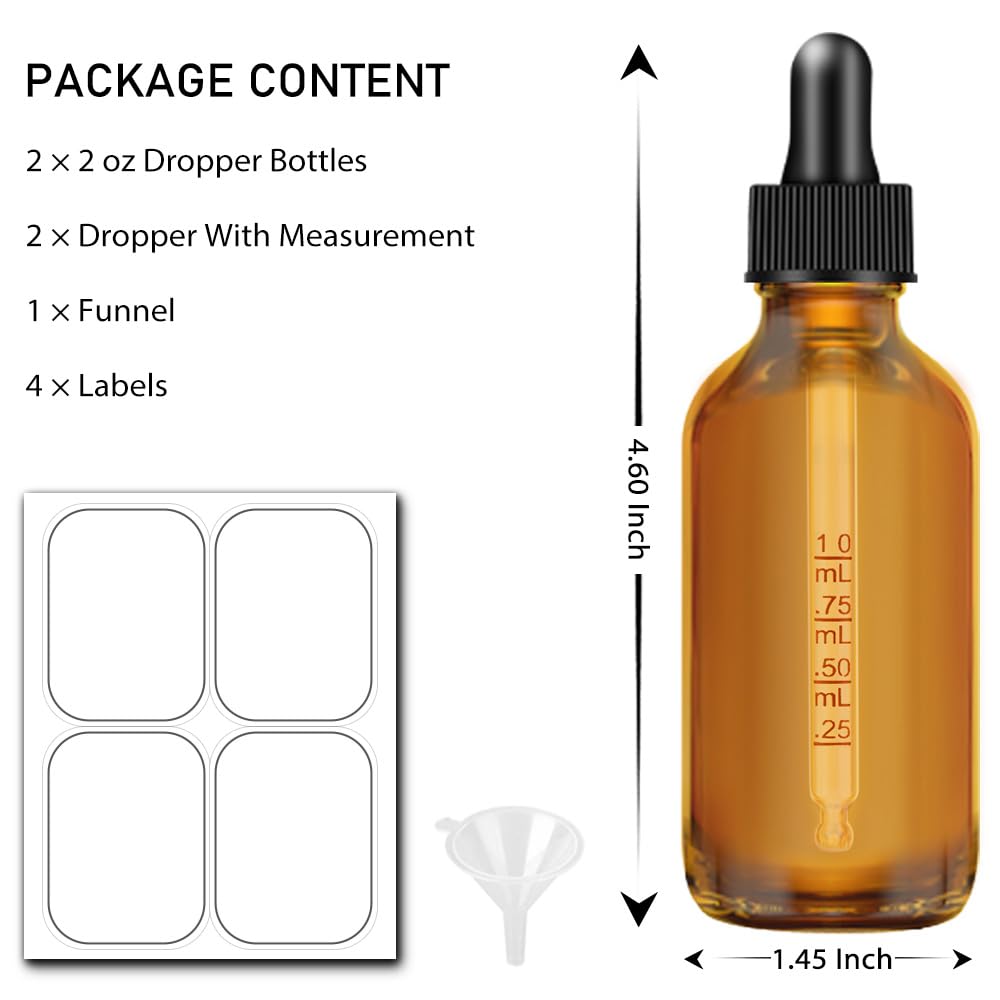 Bumobum Dropper Bottle 2 oz, 2 pack Amber Glass Eye Dropper Bottles with Labels and Funnel, Tincture Bottle with Measured Dropper - Leakproof Essential Oils Bottles