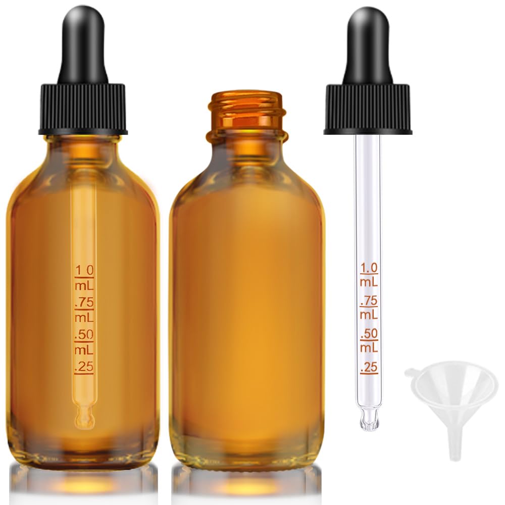 Bumobum Dropper Bottle 2 oz, 2 pack Amber Glass Eye Dropper Bottles with Labels and Funnel, Tincture Bottle with Measured Dropper - Leakproof Essential Oils Bottles