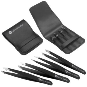 Abdul of Sialkot Eyebrow Tweezer Set for Women & Men - Professional Slant and Pointed Tweezers Set with Case - Precision Tweezers Kit for Facial Hair, Splinter and Ingrown Hair Removal (Black 4 piece)