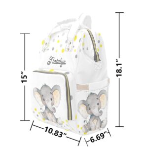 Liveweike Yellow Dot Elephant Grey Personalized Diaper Bag Backpack Custom Name Daypack Large Mommy Bag for Teen Girl Boy Student