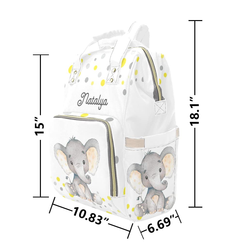 Liveweike Yellow Dot Elephant Grey Personalized Diaper Bag Backpack Custom Name Daypack Large Mommy Bag for Teen Girl Boy Student