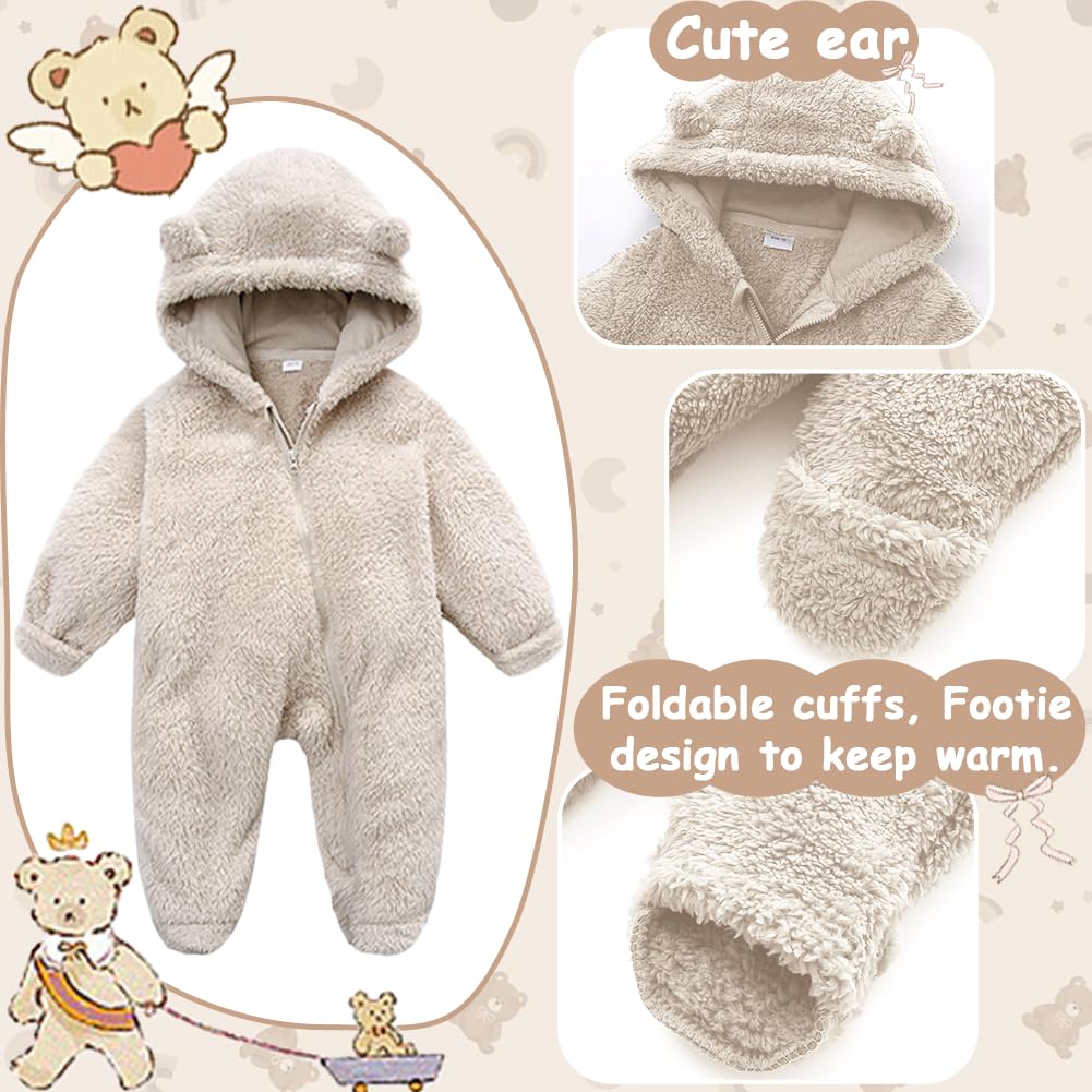 UVIPC Newborn Baby Fleece Footie Snowsuit Winter Onesie Cartoon Bear Warm Hooded Outfits for Girls Boys