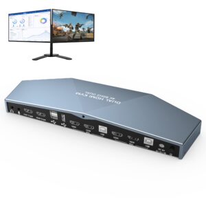 dual monitor hdmi 2.0 kvm switch 2 port extended display 4k@60hz, usb kvm switch hdmi 2 in 2 out with audio microphone output and 3 usb 2.0 hub, 2 hdmi monitors 2 computers switch, with 2 usb cables