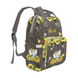 Liveweike Elephant Sunflower Bee Personalized Diaper Bag Backpack Custom Name Daypack Large Mommy Bag for Teen Girl Boy Student