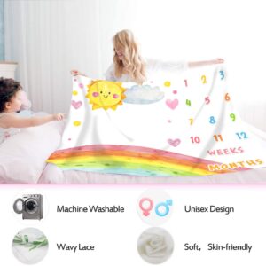 Cartoon Rainbow Baby Monthly Milestone Blanket, 48x40in Sun Cloud Heart Shape Colored Dots Blanket Hand Painted for Newborn Baby Shower,Baby Growth Chart Photography Blanket BTLSME96