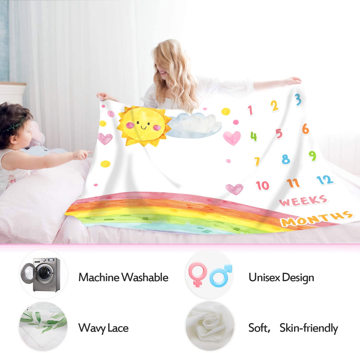 Cartoon Rainbow Baby Monthly Milestone Blanket, 48x40in Sun Cloud Heart Shape Colored Dots Blanket Hand Painted for Newborn Baby Shower,Baby Growth Chart Photography Blanket BTLSME96