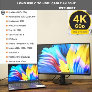 USB C to HDMI Cable 30FT/10M with IC, 4K@60HZ Type-C to HDMI for MacBook Pro/Air, iMac, Galaxy S20 S10 S9 S8, Surface, Dell, HP, MacBook Pro, MacBook Air, iPad Pro, Pixelbook, XPS, Galaxy