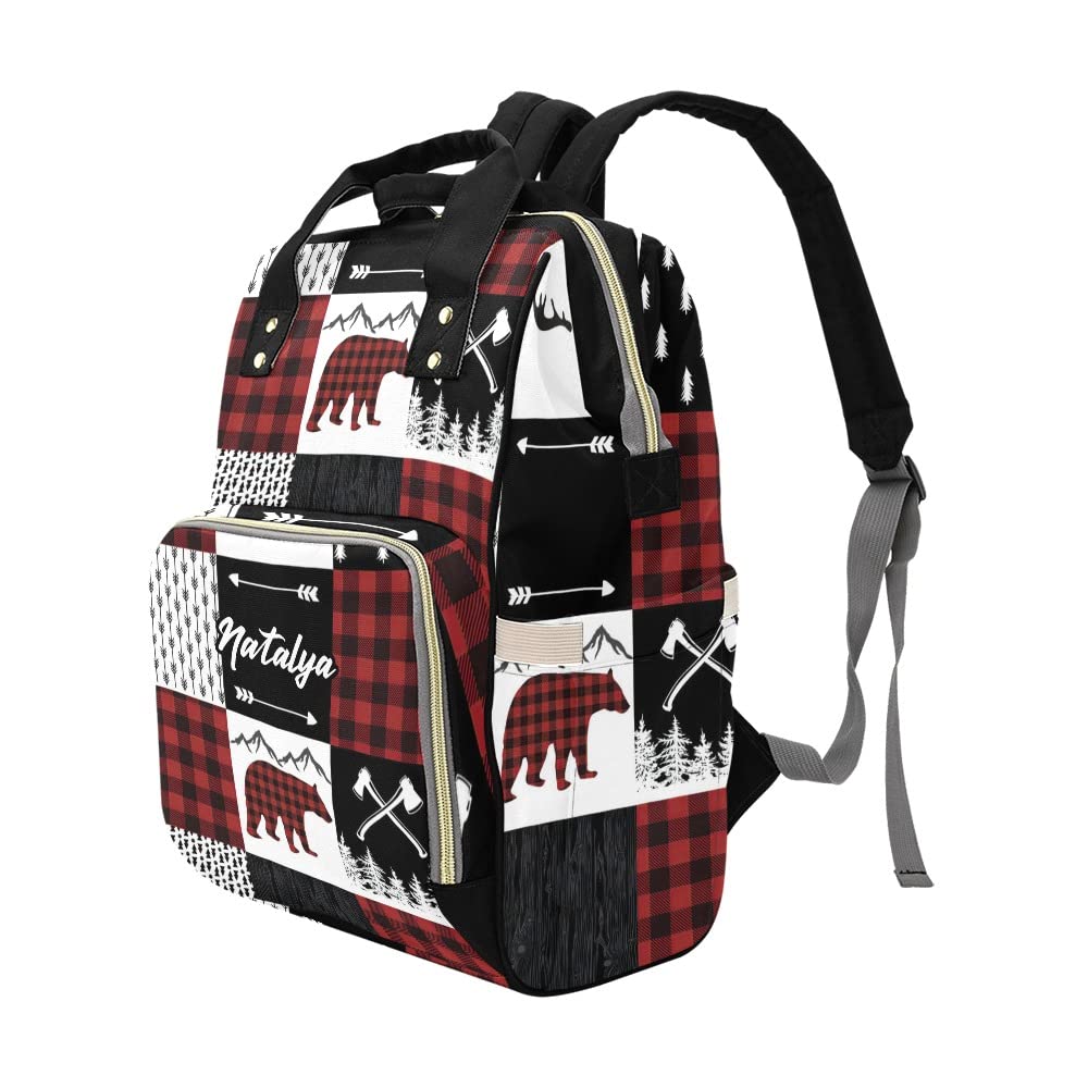 Liveweike Buffalo Plaid Bear Deer Personalized Diaper Bag Backpack Custom Name Daypack Large Mommy Bag for Teen Girl Boy Student