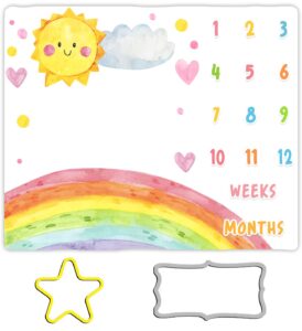 cartoon rainbow baby monthly milestone blanket, 48x40in sun cloud heart shape colored dots blanket hand painted for newborn baby shower,baby growth chart photography blanket btlsme96