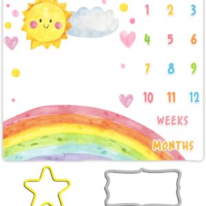 Cartoon Rainbow Baby Monthly Milestone Blanket, 48x40in Sun Cloud Heart Shape Colored Dots Blanket Hand Painted for Newborn Baby Shower,Baby Growth Chart Photography Blanket BTLSME96