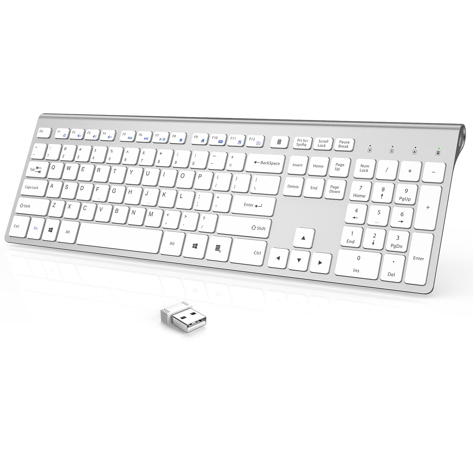 JOYACCESS Rechargeable Silent Wireless Keyboard, 2.4G USB Keyboard for Mac, PC, Laptop, Compatible with Windows, iOS, Android, Water Resistant, Slim Design (Silver White)