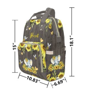 Liveweike Elephant Sunflower Bee Personalized Diaper Bag Backpack Custom Name Daypack Large Mommy Bag for Teen Girl Boy Student