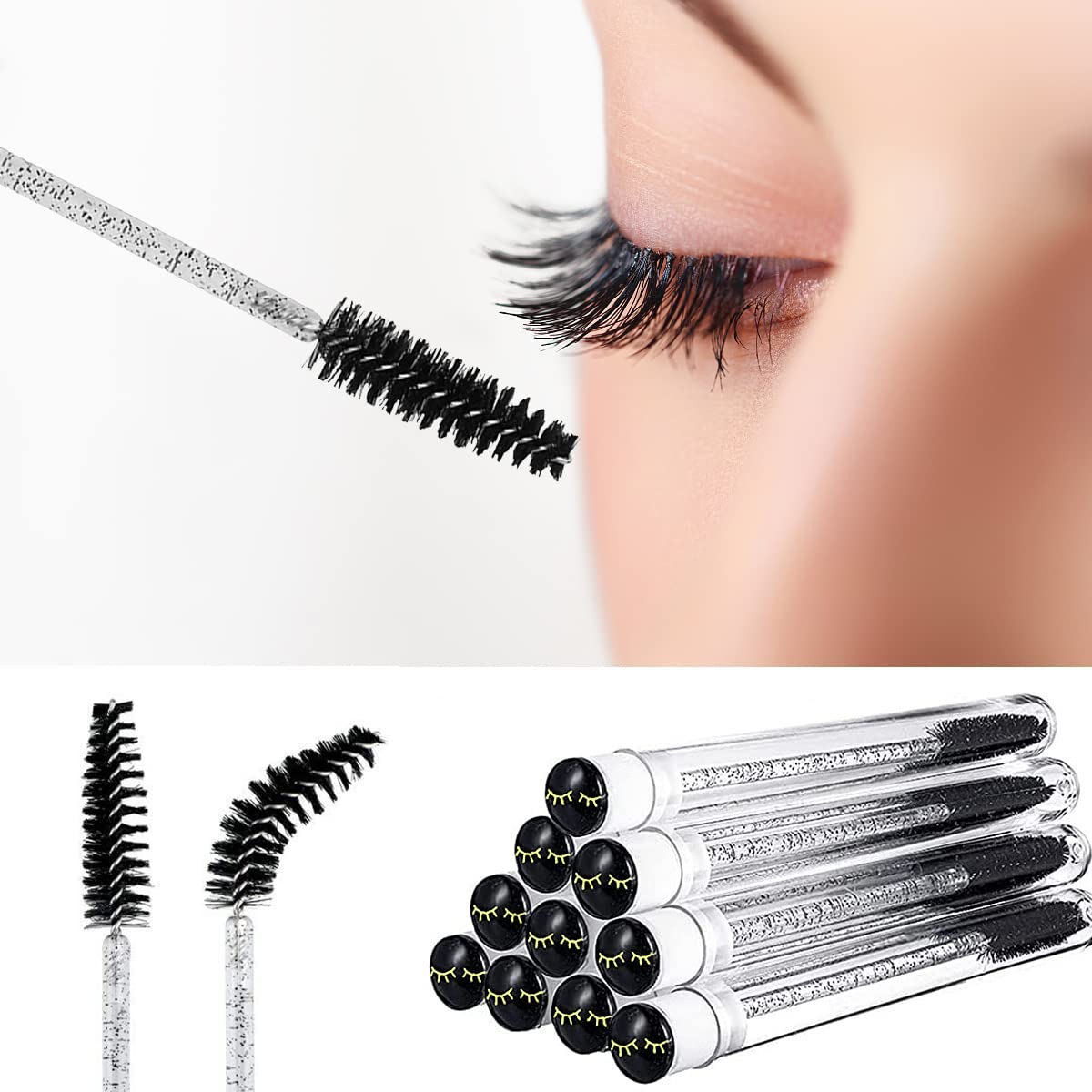 Mascara Wand Brushes Tubes Set-70 Pieces Disposable Eyelash Brushes Replacement with 20 Pieces Empty Container Tubes for Eyelash Extension Lash (Black Eyelash)